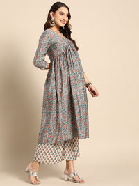 Thumbnail for Sangria Women Grey Floral Printed Empire Kurta with Trousers - Distacart