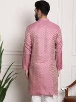 Thumbnail for Sojanya Men Pink & Beige Ethnic Motifs Jacquard Woven Design Straight Kurta - Distacart