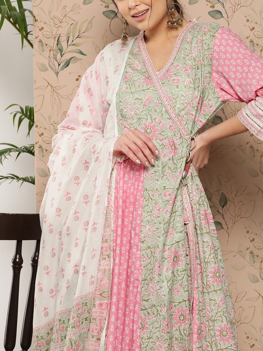 Kalini Floral Printed Angrakha Gotta Patti Pure Cotton Kurta With Dupatta - Distacart