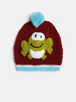 Thumbnail for Chutput Kids Woollen Hand Knitted Frog Detailed Cap - Maroon - Distacart