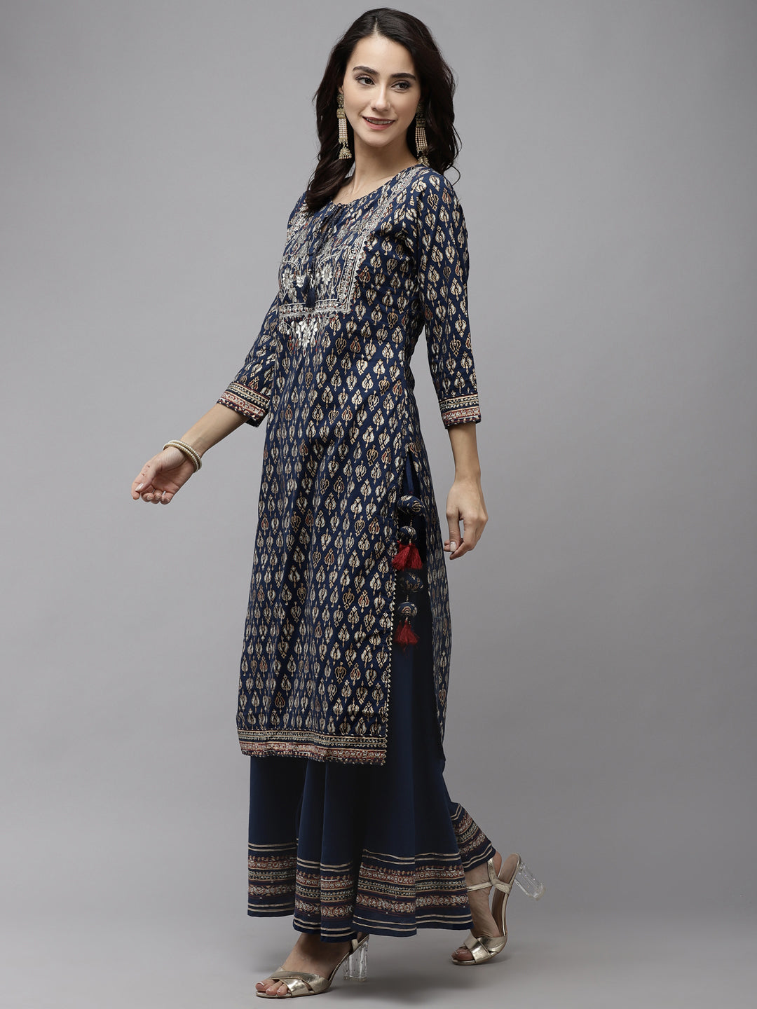 Ishin Women Navy Blue Floral Embroidered Regular Gotta Patti Pure Cotton Kurta with Palazzos & With Dupatta - Distacart