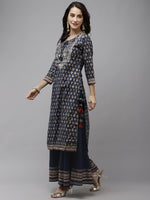 Thumbnail for Ishin Women Navy Blue Floral Embroidered Regular Gotta Patti Pure Cotton Kurta with Palazzos & With Dupatta - Distacart