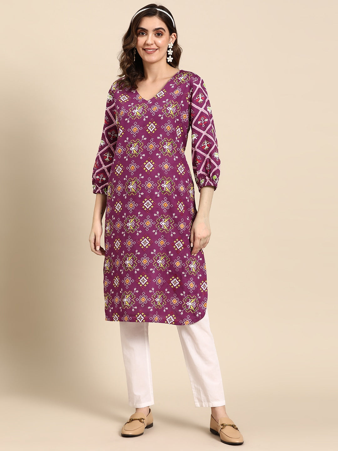 Sangria Ethnic Motifs Printed V-neck Puff Sleeves Kurta - Distacart