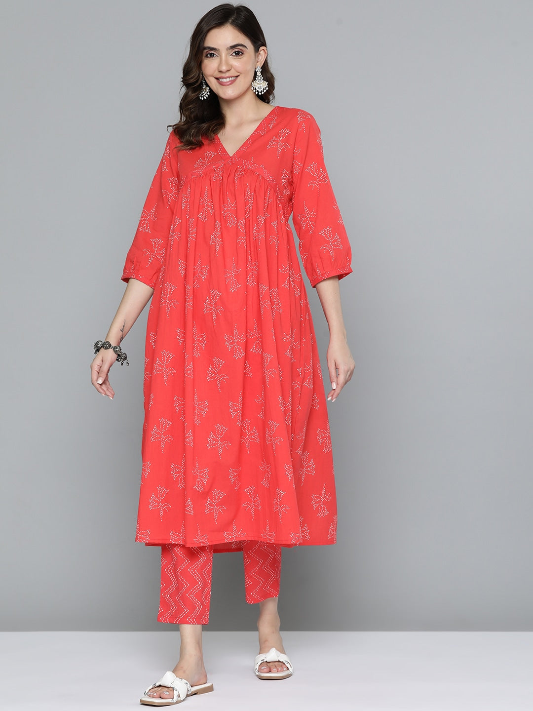HERE&NOW Floral Print Cotton Empire Kurta with Trousers - Distacart