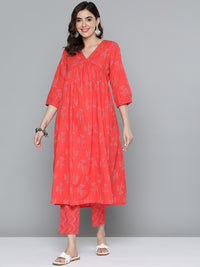 Thumbnail for HERE&NOW Floral Print Cotton Empire Kurta with Trousers - Distacart