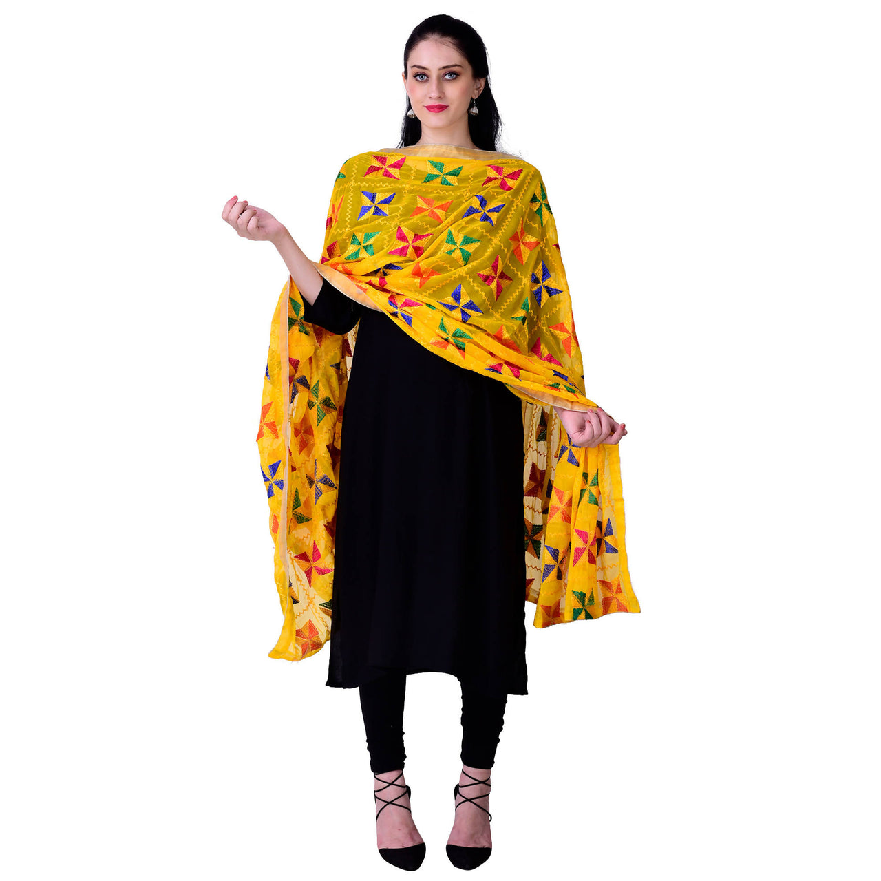 SWI Stylish Women's Embroidered Phulkari Chiffon Yellow Dupatta