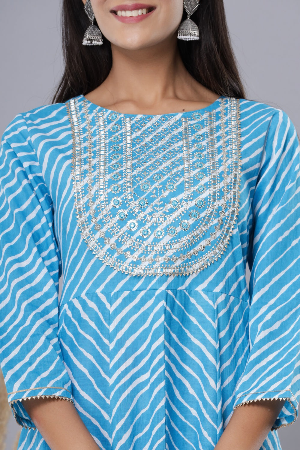 Juniper Women's Skyblue Printed Embroidered Mirror Work Sequin Cotton Flared Dress - Distacart