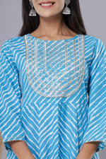 Thumbnail for Juniper Women's Skyblue Printed Embroidered Mirror Work Sequin Cotton Flared Dress - Distacart