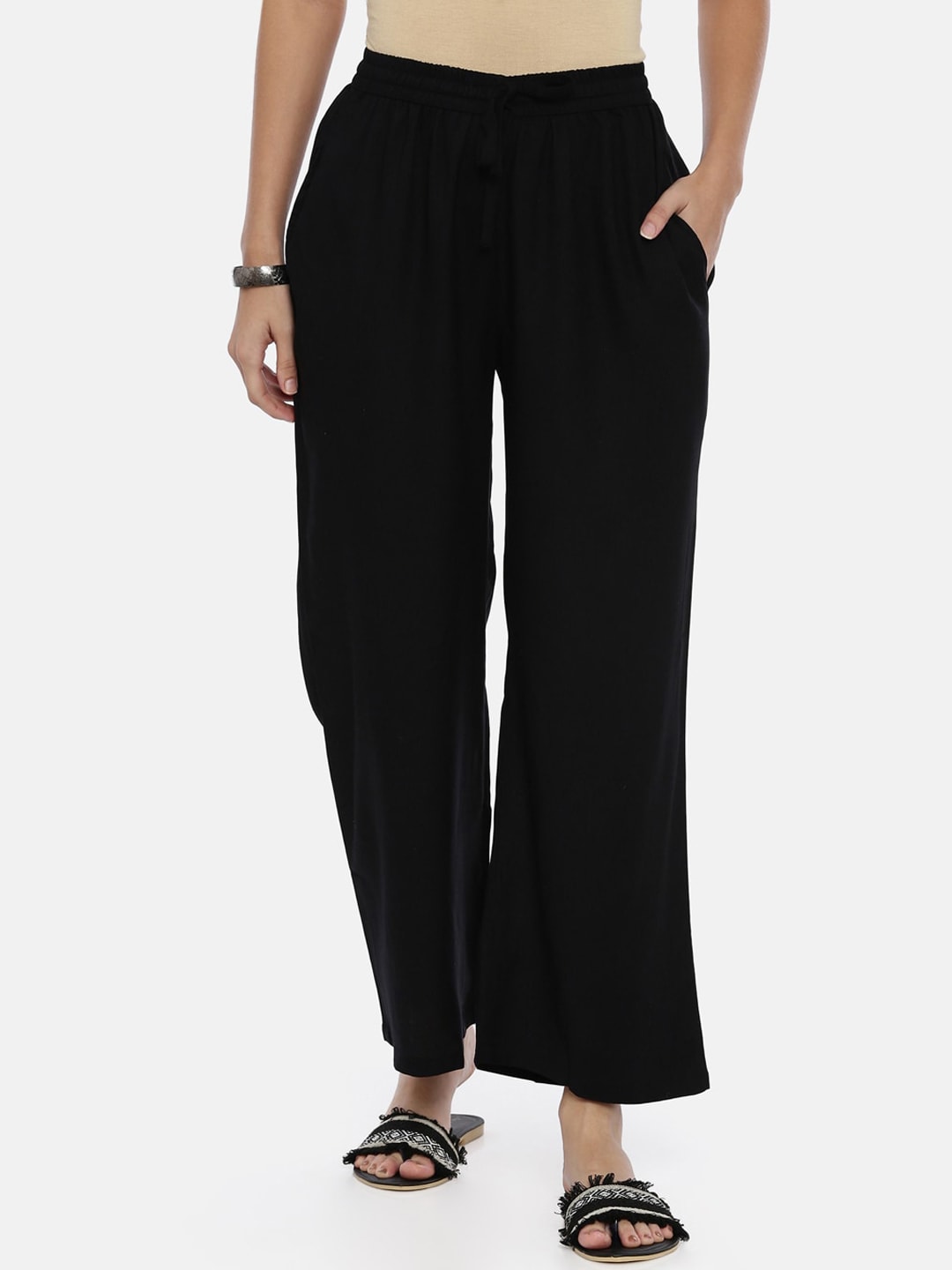 Souchii Black Solid Flared Palazzos - Distacart