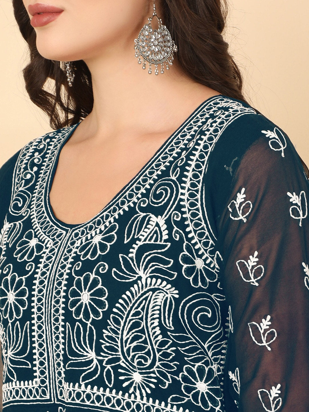 HERE&NOW Women Chikankari Embroidered Thread Work Georgette Anarkali Kurta - Distacart