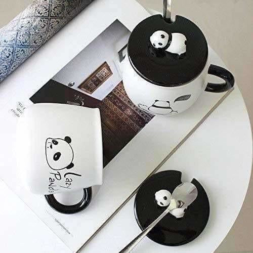 Panda Ceramic Mug with Ceramic Lid and Spoon(Random Design)-300 ML (Pack of 1) - Distacart