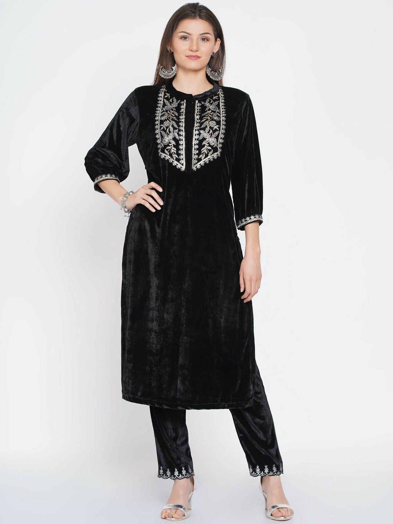 Women Republic Black Velvet Embroidered Kurta With Pants - Distacart