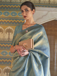 Thumbnail for Mitera Turquoise Blue & Gold-Toned Woven Design Zari Silk Blend Kanjeevaram Saree - Distacart