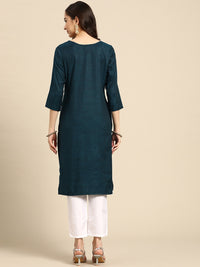 Thumbnail for Sangria Teal Blue & Golden Embroidered Regular Kurta - Distacart