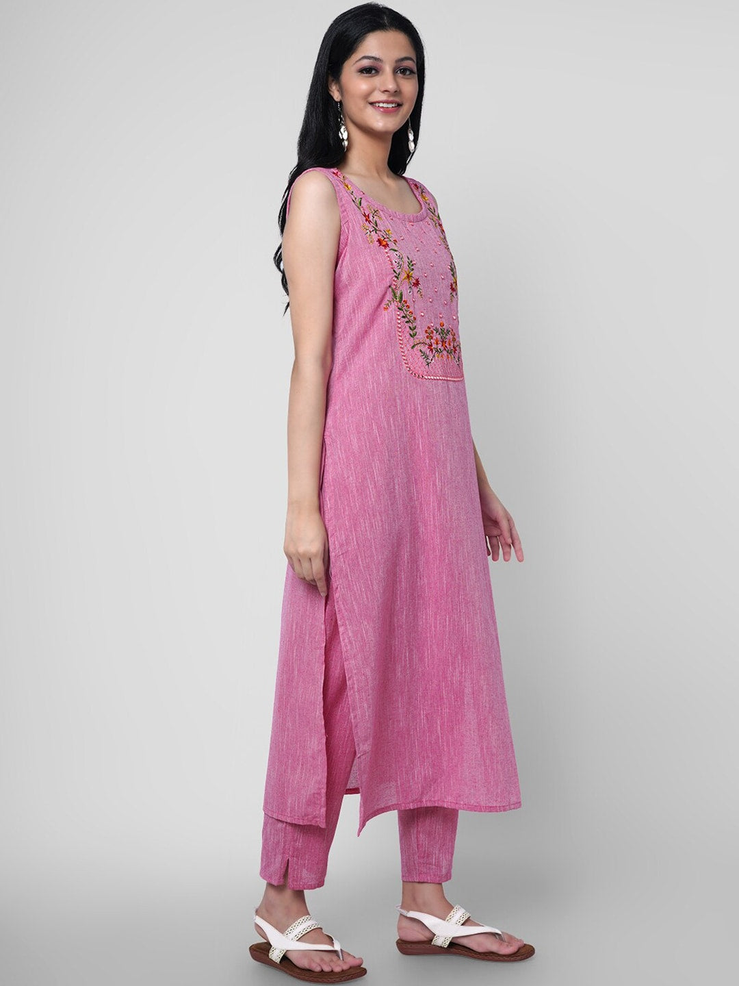 Kalini Women Pink Floral Embroidered Mirror Work Pure Cotton Kurta with Trousers - Distacart