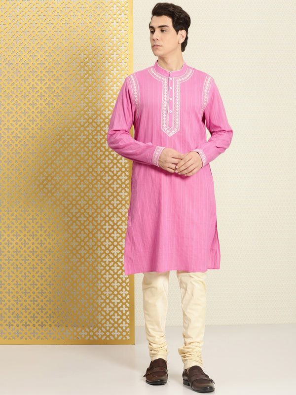 House of Pataudi Men Pure Cotton Self Striped Embroidered Thread Work Jashn Kurta - Distacart