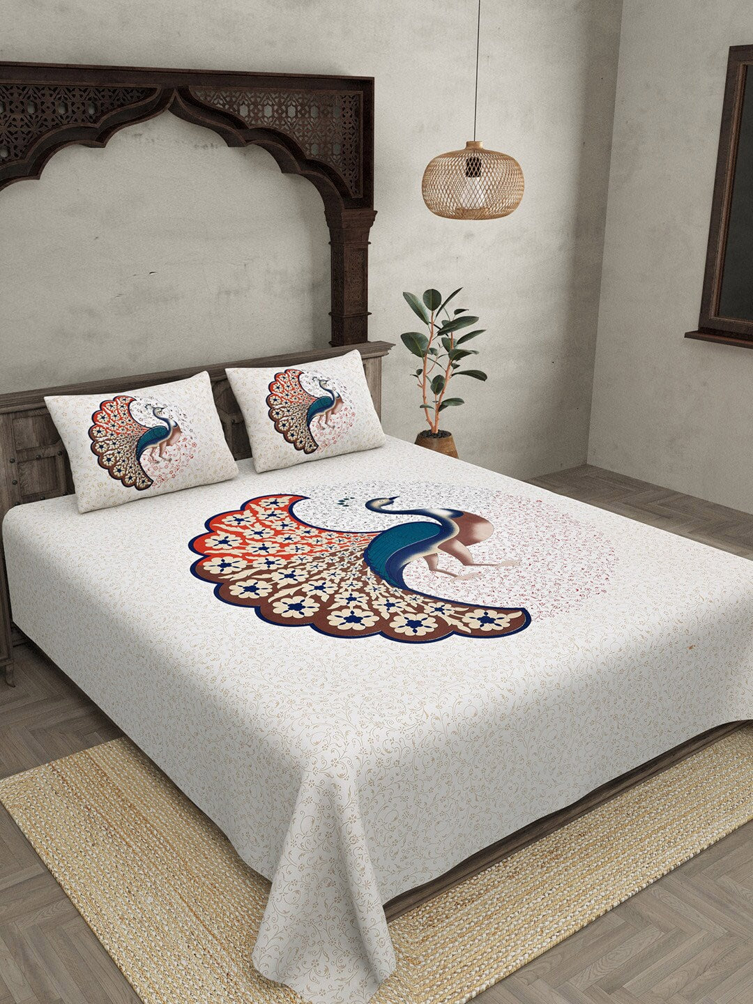 JAIPUR FABRIC Off White & Red Printed 240 TC Cotton King Bedsheet with 2 Pillow Covers - Distacart