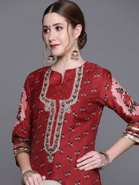 Thumbnail for Biba Women Red & Black Ethnic Motifs Woven Design Gotta Patti Winter Kurta - Distacart