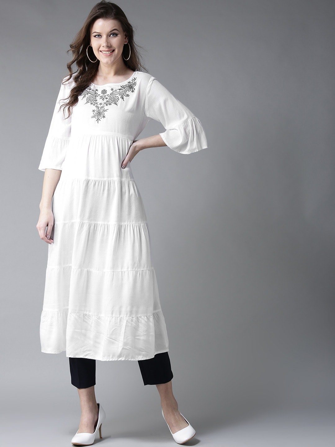 HERE&NOW Women White Yoke Design Anarkali Kurta - Distacart