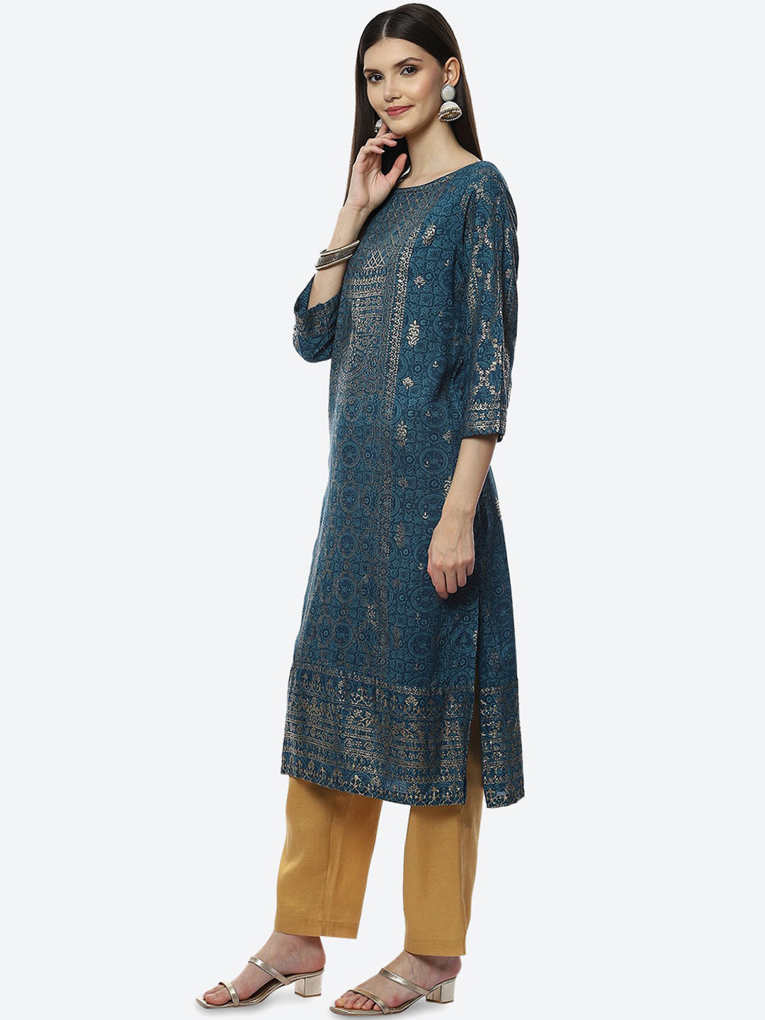 Biba Women Teal Ethnic Motifs Printed Mirror Work Kurta - Distacart