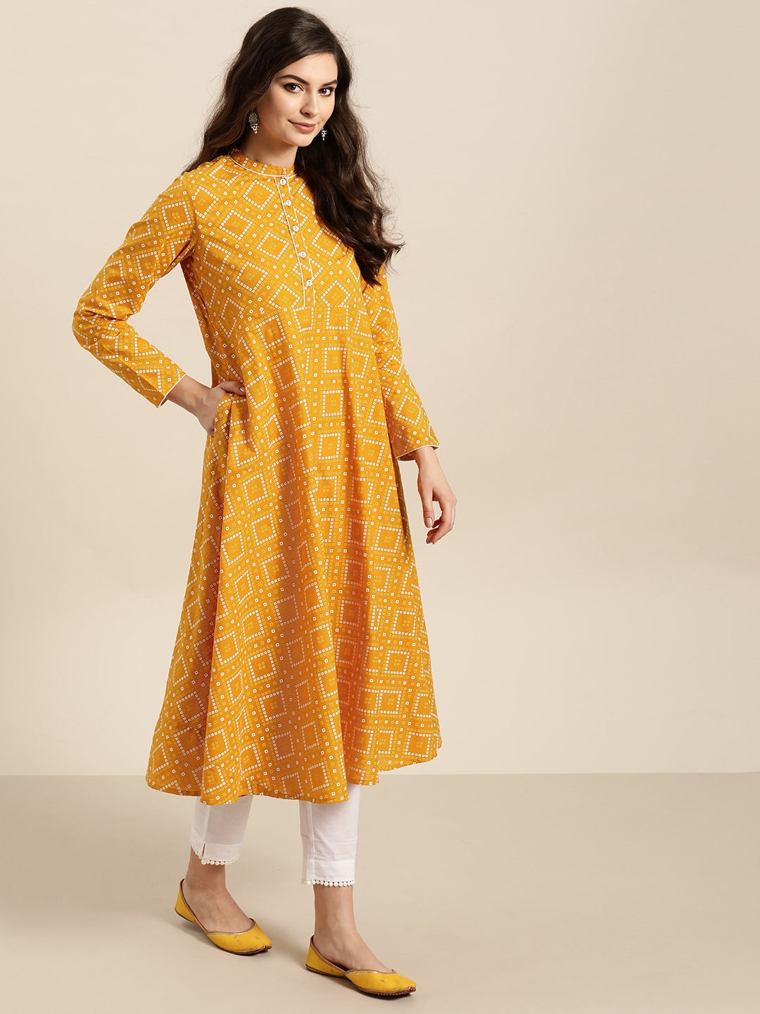 Sangria Women Mustard Yellow & Red Printed A-Line Kurta - Distacart