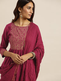 Thumbnail for Sangria Women Magenta & Golden Printed Kurta with Palazzos & Dupatta - Distacart