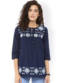 Thumbnail for Wahe-NOOR Women's Navy Embroidered Top - Distacart