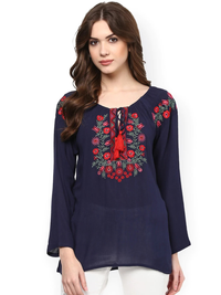 Thumbnail for Wahe-NOOR Women's Navy Blue Embroidered Semi-Sheer Top1 - Distacart