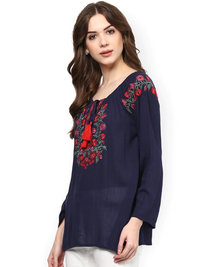 Thumbnail for Wahe-NOOR Women's Navy Blue Embroidered Semi-Sheer Top1 - Distacart