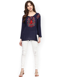 Thumbnail for Wahe-NOOR Women's Navy Blue Embroidered Semi-Sheer Top1 - Distacart
