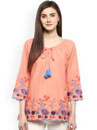 Thumbnail for Wahe-NOOR Women's Peach-Coloured Printed A-Line Top - Distacart