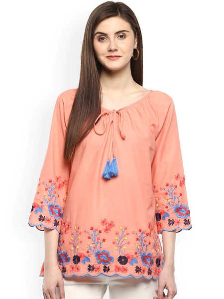 Wahe-NOOR Women's Peach-Coloured Printed A-Line Top - Distacart