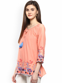 Thumbnail for Wahe-NOOR Women's Peach-Coloured Printed A-Line Top - Distacart