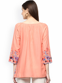 Thumbnail for Wahe-NOOR Women's Peach-Coloured Printed A-Line Top - Distacart