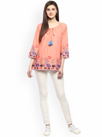 Thumbnail for Wahe-NOOR Women's Peach-Coloured Printed A-Line Top - Distacart