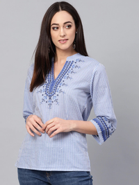 Thumbnail for Wahe-NOOR Women's Blue And White Striped Top - Distacart
