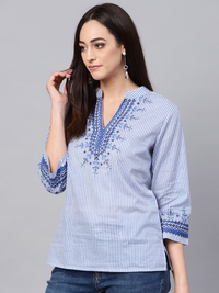 Thumbnail for Wahe-NOOR Women's Blue And White Striped Top - Distacart