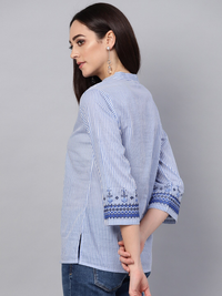 Thumbnail for Wahe-NOOR Women's Blue And White Striped Top - Distacart