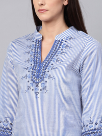 Thumbnail for Wahe-NOOR Women's Blue And White Striped Top - Distacart