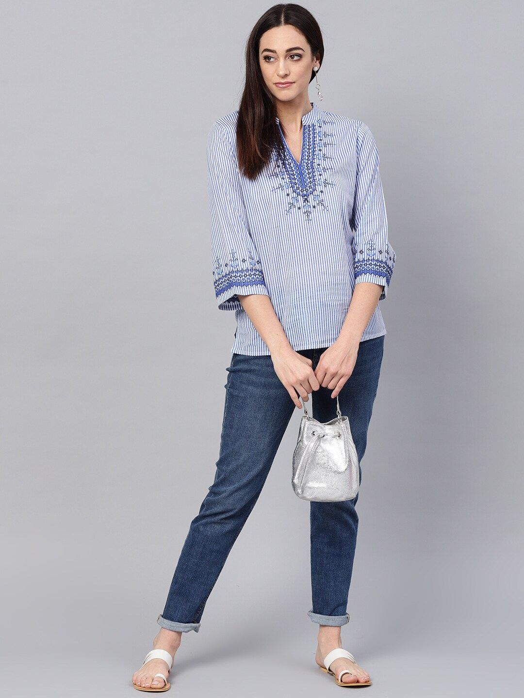 Wahe-NOOR Women's Blue And White Striped Top - Distacart