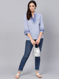 Thumbnail for Wahe-NOOR Women's Blue And White Striped Top - Distacart