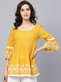 Thumbnail for Wahe-NOOR Women's Mustard Yellow & White Solid Tiered Top - Distacart