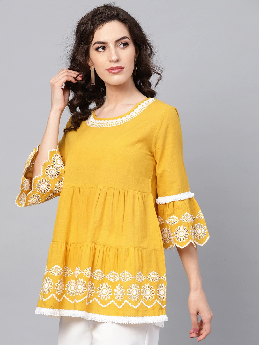 Wahe-NOOR Women's Mustard Yellow & White Solid Tiered Top - Distacart