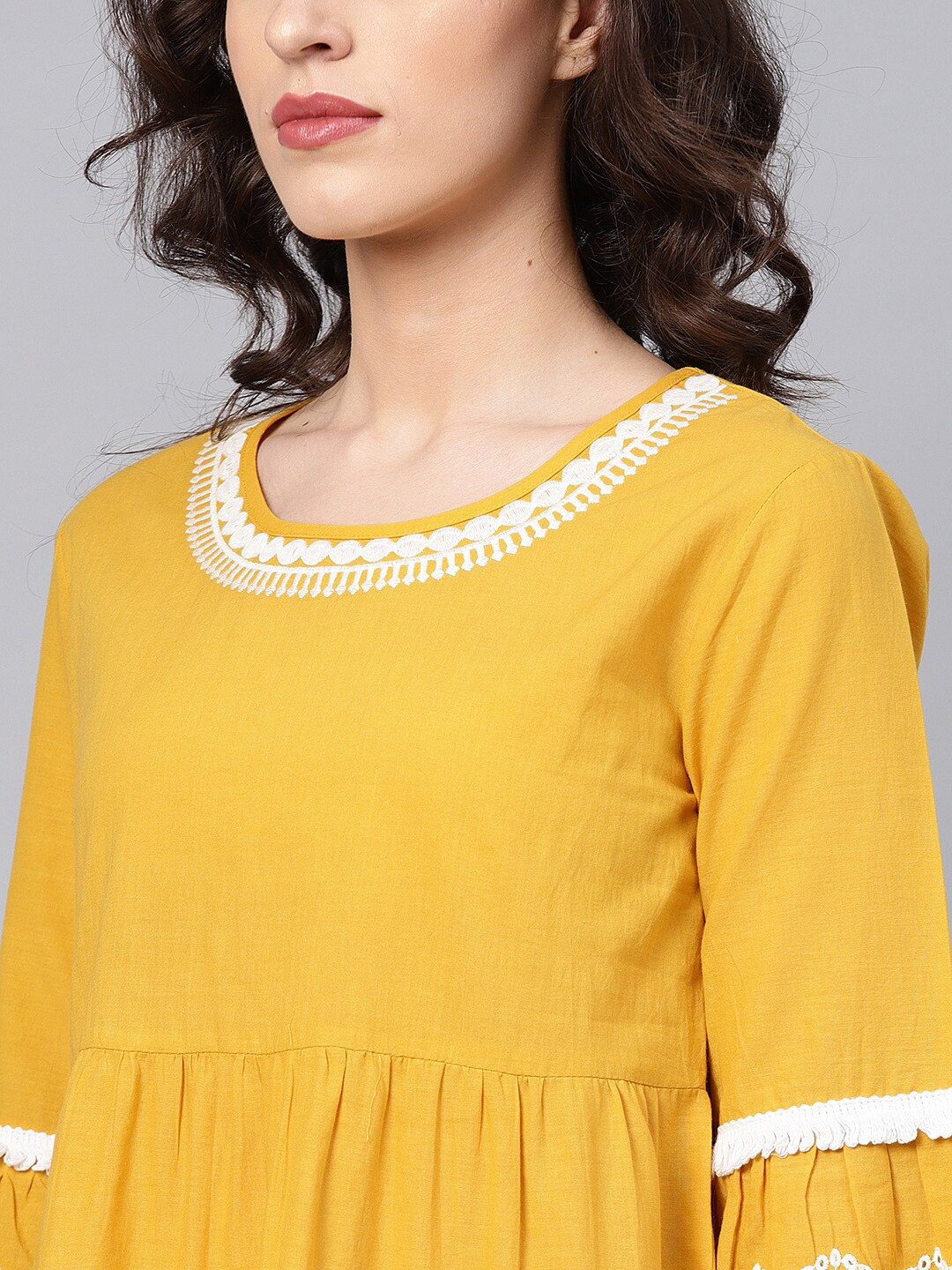 Wahe-NOOR Women's Mustard Yellow & White Solid Tiered Top - Distacart