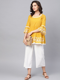 Thumbnail for Wahe-NOOR Women's Mustard Yellow & White Solid Tiered Top - Distacart