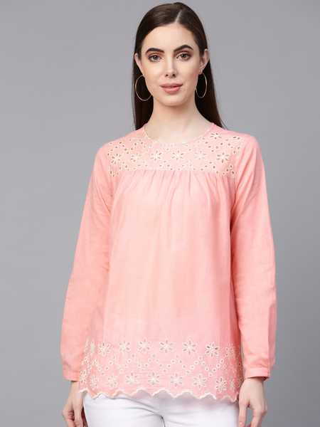 Wahe-NOOR Women's Pink Embroidered Detail Top - Distacart
