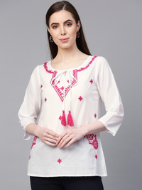 Thumbnail for Wahe-NOOR Women's White & Pink Embroidered Top - Distacart