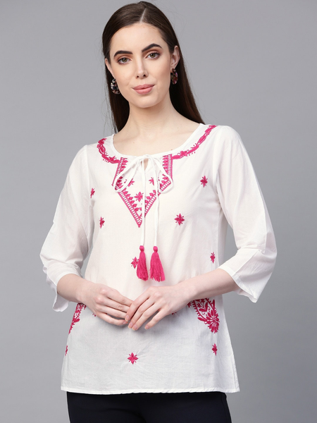 Wahe-NOOR Women's White & Pink Embroidered Top - Distacart