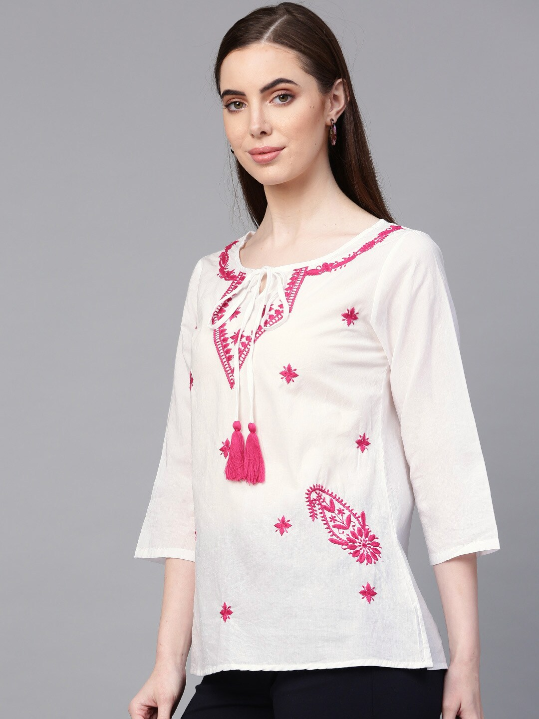 Wahe-NOOR Women's White & Pink Embroidered Top - Distacart
