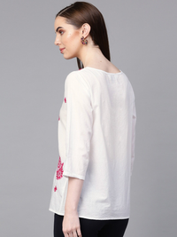 Thumbnail for Wahe-NOOR Women's White & Pink Embroidered Top - Distacart